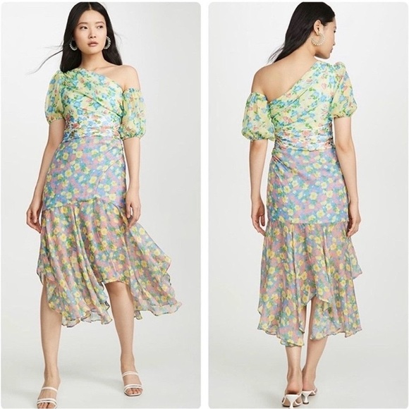 AMUR Pastel Floral Midi Dress. Jayla patchwork floral silk asymmetrical lined - Picture 6 of 13